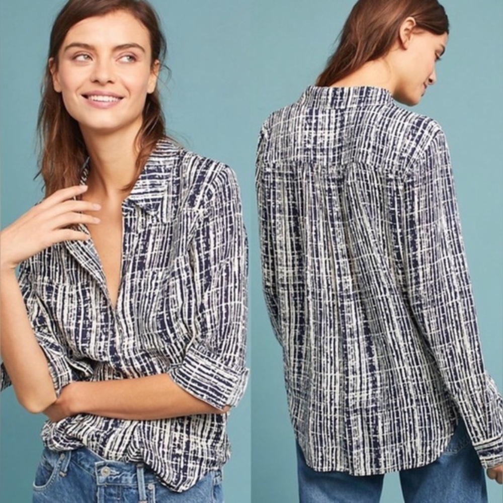 Anthropologie Holding Horses Blue White Sammie Printed Button Down Shirt 8